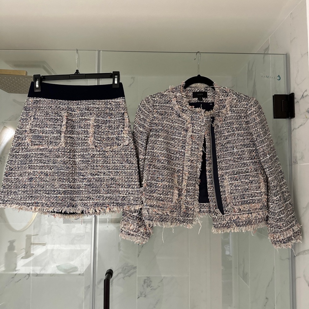 J Crew E8742 Petite tweed jacket with zippers size 0P & Skirt Size 00